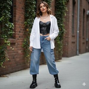 Edgy Black Vegan Leather Corset Top Strapless Bustier Zip Back Size L XL